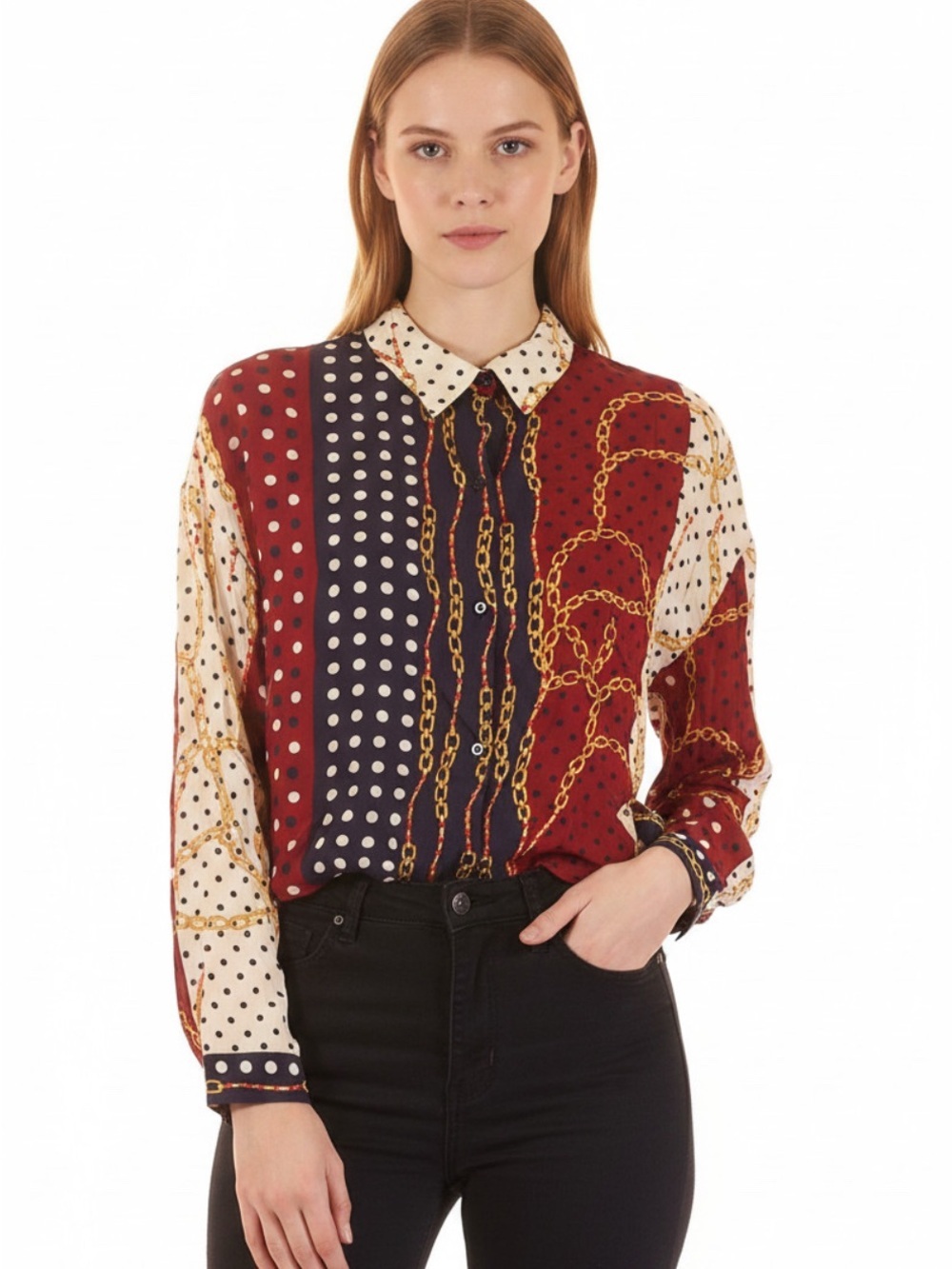 Mixed Print Button-Down Blouse in Burgundy, Navy & White - Picture 1 of 10